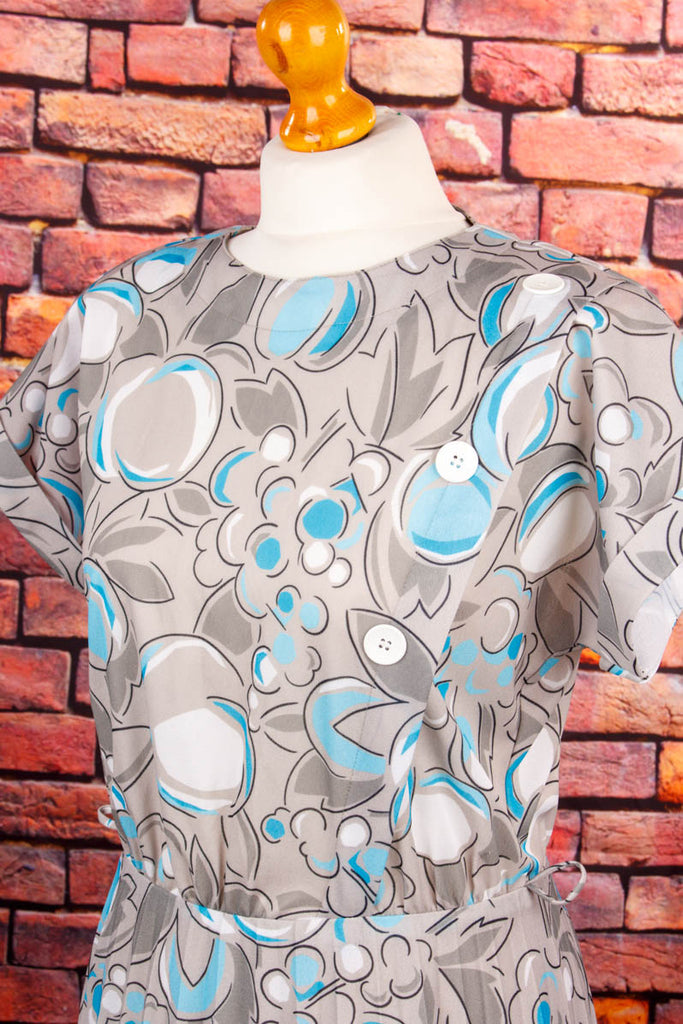 Vintage Sommerkleid türkis Falten 70er 80er Frau grau Rockabilly S 36-38 Sekretärin türkis vintageberlin.de