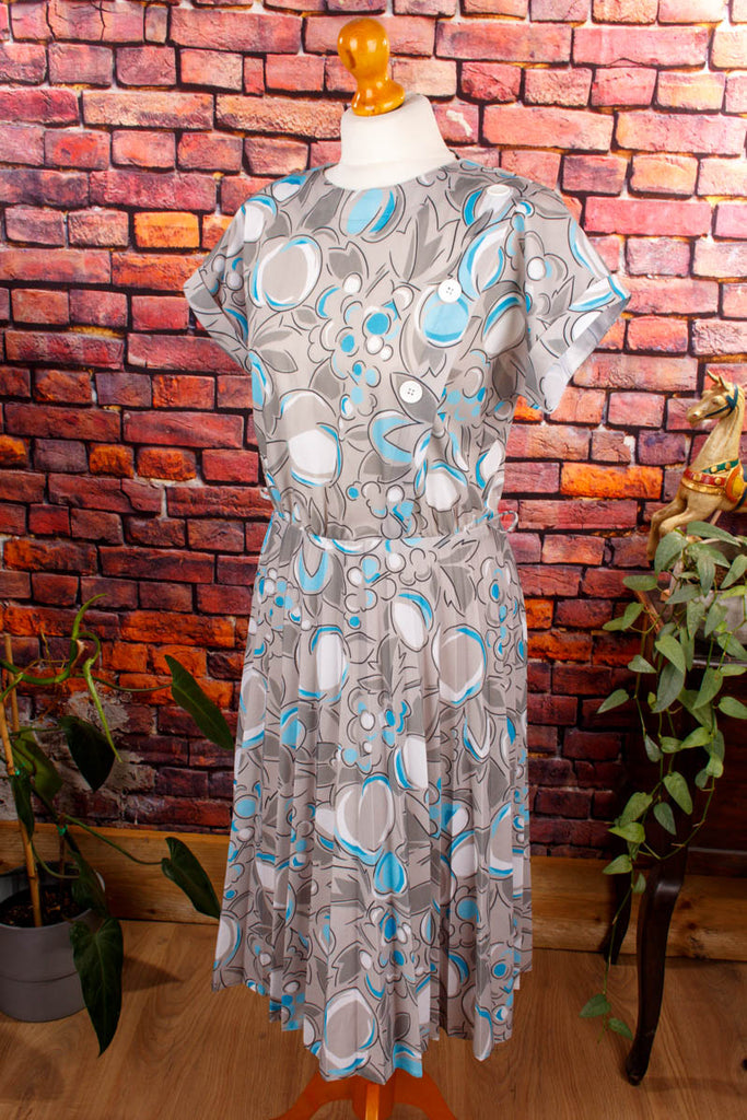 Vintage Sommerkleid türkis Falten 70er 80er Frau grau Rockabilly S 36-38 Sekretärin türkis vintageberlin.de