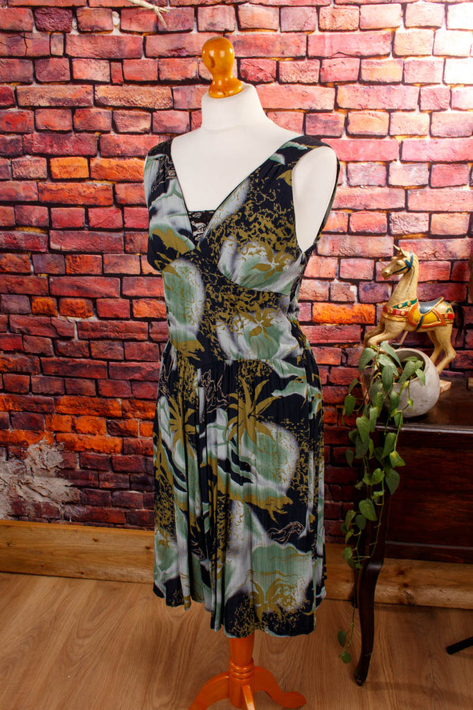 Vintage Sommerkleid Dschungelmuster 90er Boho Frau grau grün M 40-42 vintageberlin.de