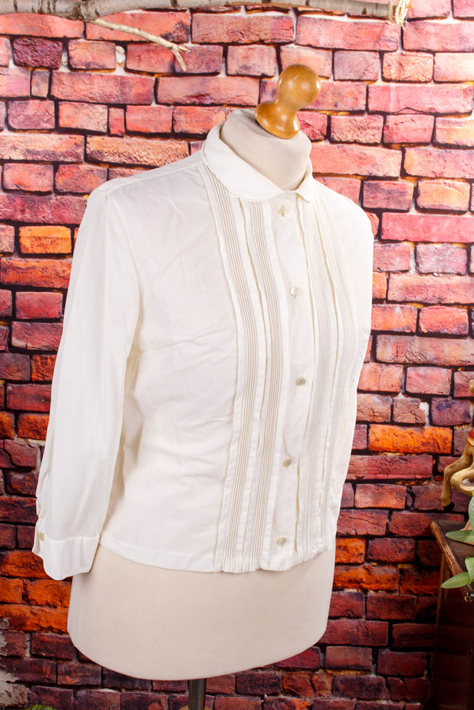 Nylon Bluse weiß Rüschen 60er Frau L 44-46 M 40-42 Rockabilly weiß vintageberlin.de