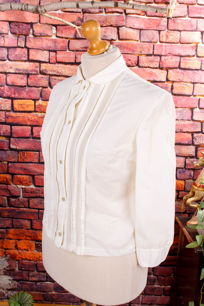 Nylon Bluse weiß Rüschen 60er Frau L 44-46 M 40-42 Rockabilly weiß vintageberlin.de