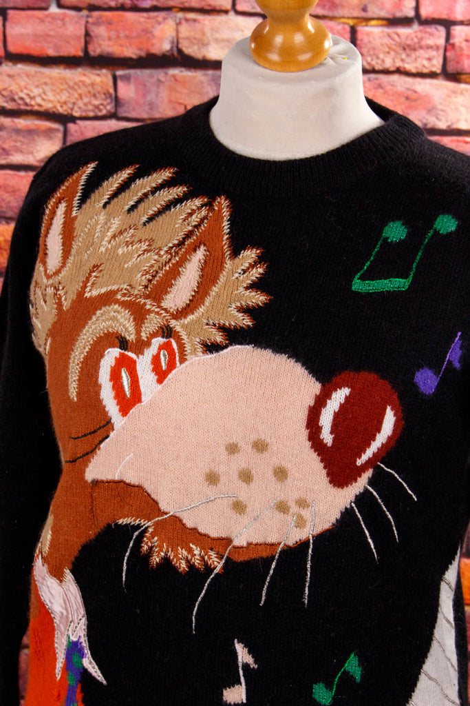 Strickpulli Wolf am Klavier 90er bunt Frau M 40-42 S 36-38 Special vintageberlin.de