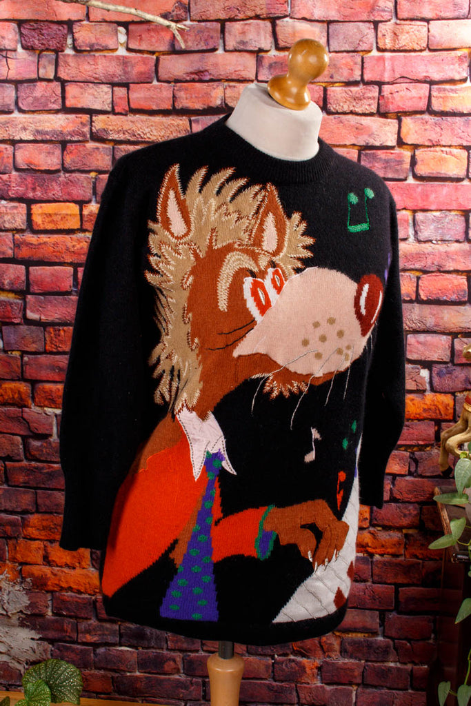 Strickpulli Wolf am Klavier 90er bunt Frau M 40-42 S 36-38 Special vintageberlin.de