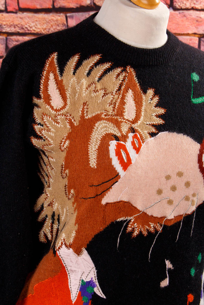 Strickpulli Wolf am Klavier 90er bunt Frau M 40-42 S 36-38 Special vintageberlin.de