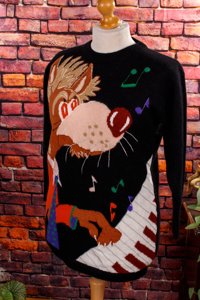 Strickpulli Wolf am Klavier 90er bunt Frau M 40-42 S 36-38 Special vintageberlin.de