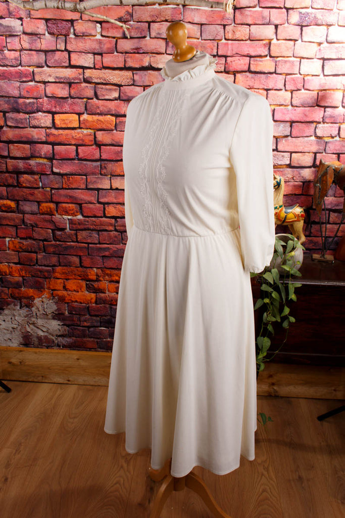 70s Brautkleid kurz Stehkragen Default Title 70er Boho boho-wedding Disco Frau Hochzeit L 44-46 M 40-42 Rockabilly Schlager weiß vintageberlin.de