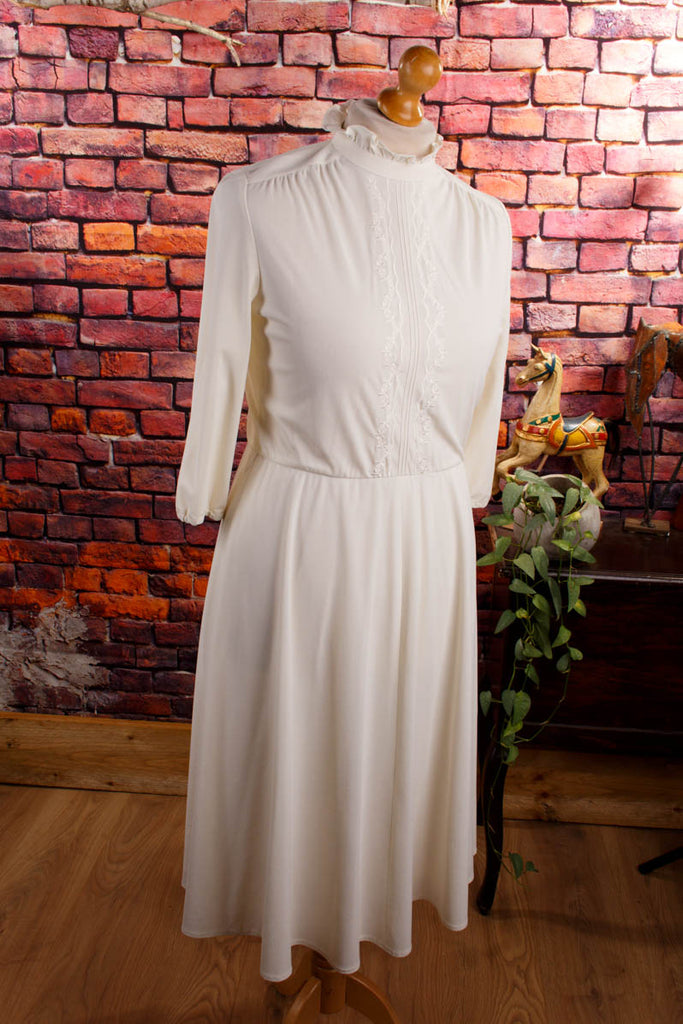 70s Brautkleid kurz Stehkragen 70er Boho boho-wedding Disco Frau Hochzeit L 44-46 M 40-42 Rockabilly Schlager weiß vintageberlin.de