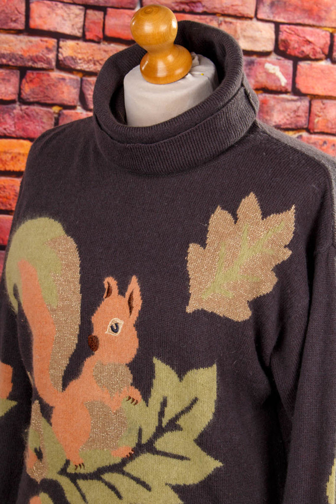 Winterpulli Eichhorn Wollmix 90er Boho bunt Frau grau L 44-46 M 40-42 Special vintageberlin.de