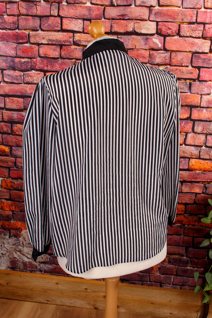 Streifenbluse schwarz weiß Schluppe 80er 90er Frau Gothic L 44-46 M 40-42 Rockabilly schwarz Sekretärin Special vintageberlin.de