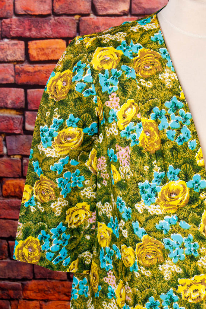 60s Jacke Überwurf Blumenmuster 50er 60er 70er blau bunt DDR Disco Frau gelb grün L 44-46 M 40-42 real-disco real-rockabilly Rockabilly Special vintageberlin.de