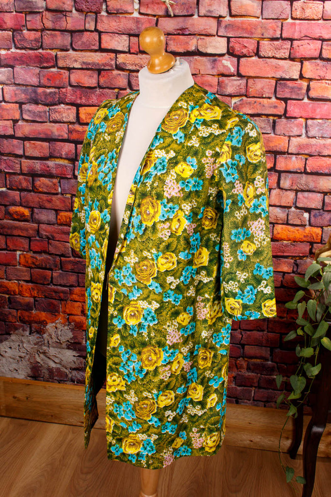 60s Jacke Überwurf Blumenmuster 50er 60er 70er blau bunt DDR Disco Frau gelb grün L 44-46 M 40-42 real-disco real-rockabilly Rockabilly Special vintageberlin.de