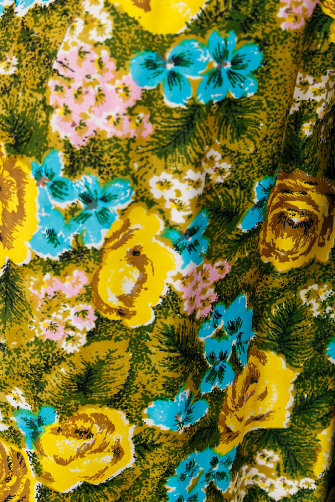 60s Jacke Überwurf Blumenmuster 50er 60er 70er blau bunt DDR Disco Frau gelb grün L 44-46 M 40-42 real-disco real-rockabilly Rockabilly Special vintageberlin.de