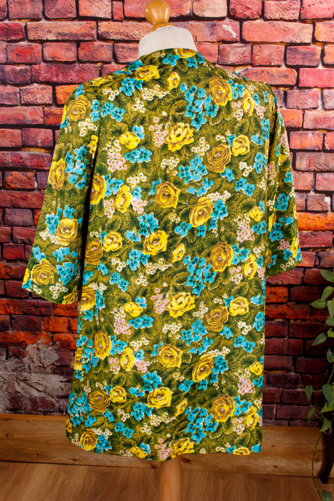 60s Jacke Überwurf Blumenmuster 50er 60er 70er blau bunt DDR Disco Frau gelb grün L 44-46 M 40-42 real-disco real-rockabilly Rockabilly Special vintageberlin.de