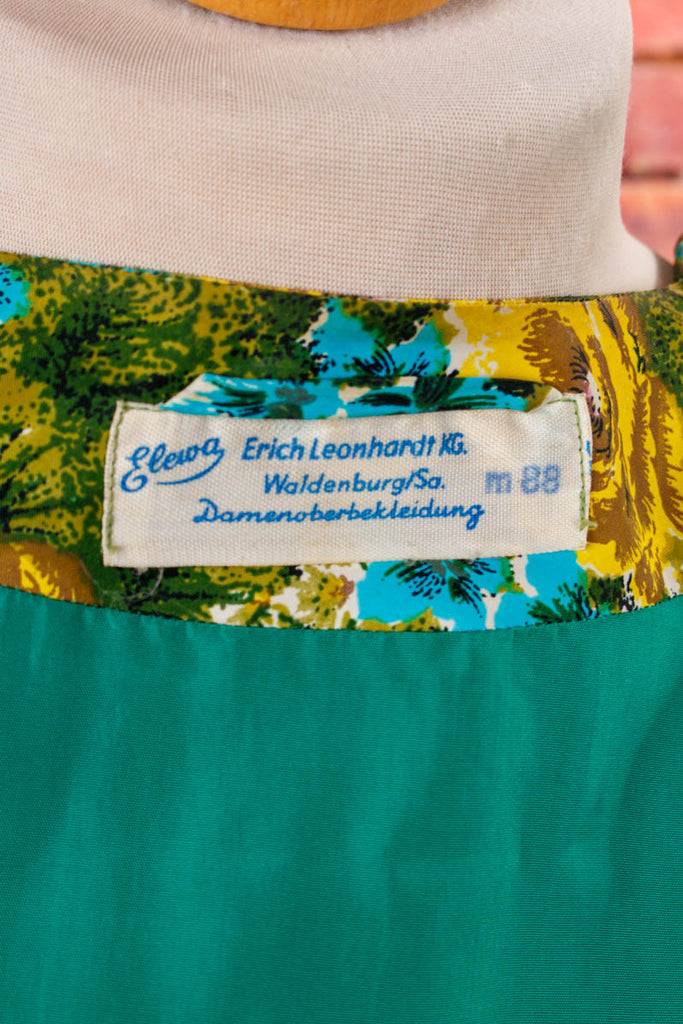 60s Jacke Überwurf Blumenmuster 50er 60er 70er blau bunt DDR Disco Frau gelb grün L 44-46 M 40-42 real-disco real-rockabilly Rockabilly Special vintageberlin.de