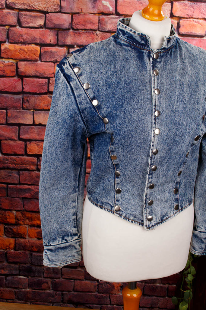 80s Jeans Jacke Stehkragen 80er blau Disco Frau real-80er real-rockabilly Rockabilly S 36-38 Special vintageberlin.de