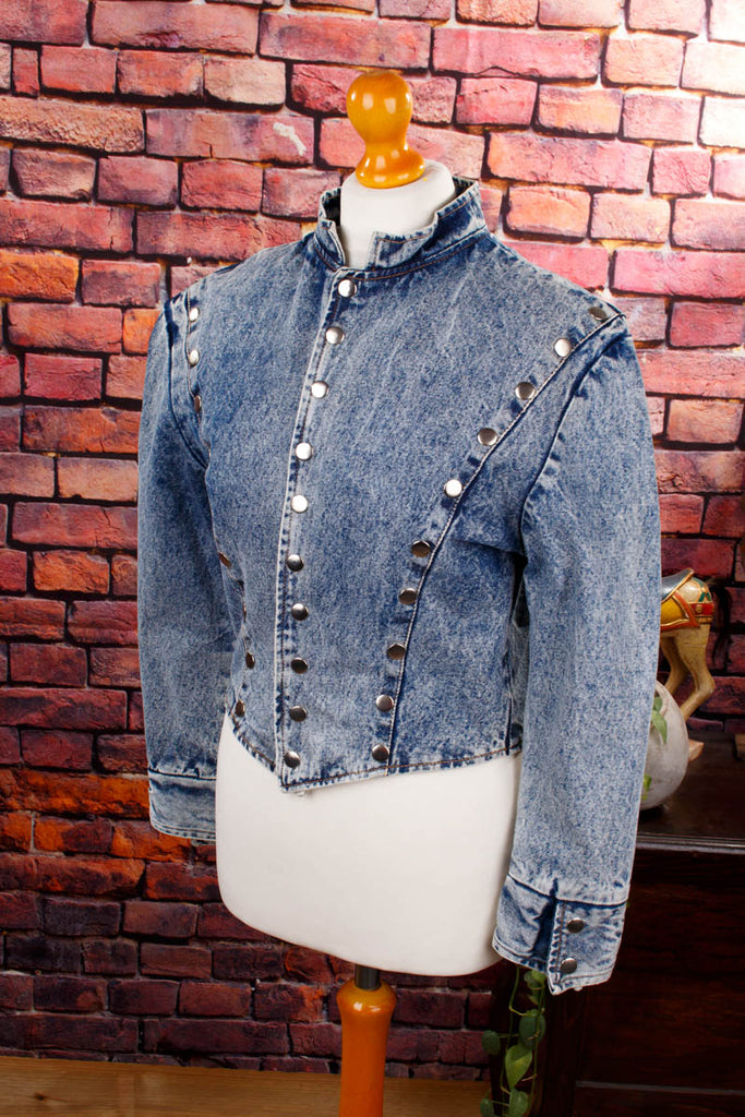 80s Jeans Jacke Stehkragen 80er blau Disco Frau real-80er real-rockabilly Rockabilly S 36-38 Special vintageberlin.de