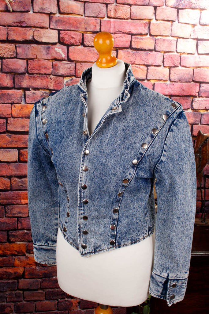 80s Jeans Jacke Stehkragen 80er blau Disco Frau real-80er real-rockabilly Rockabilly S 36-38 Special vintageberlin.de