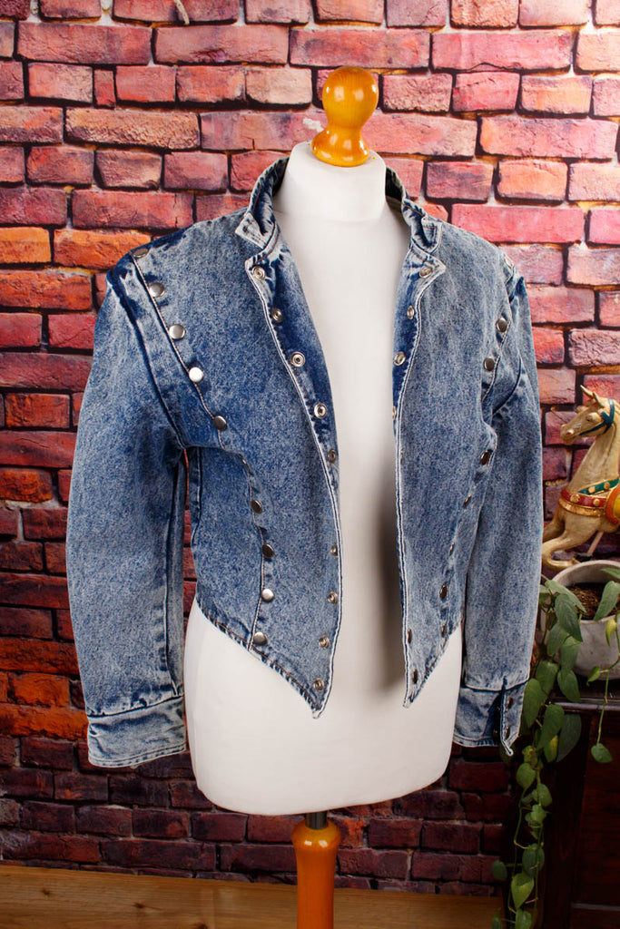 80s Jeans Jacke Stehkragen 80er blau Disco Frau real-80er real-rockabilly Rockabilly S 36-38 Special vintageberlin.de