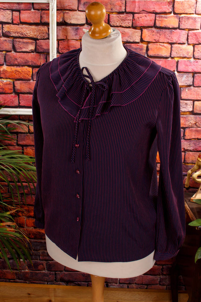 Rüschenbluse lila Streifen 80er 90er Boho Disco Frau lila M 40-42 Rockabilly Special vintageberlin.de