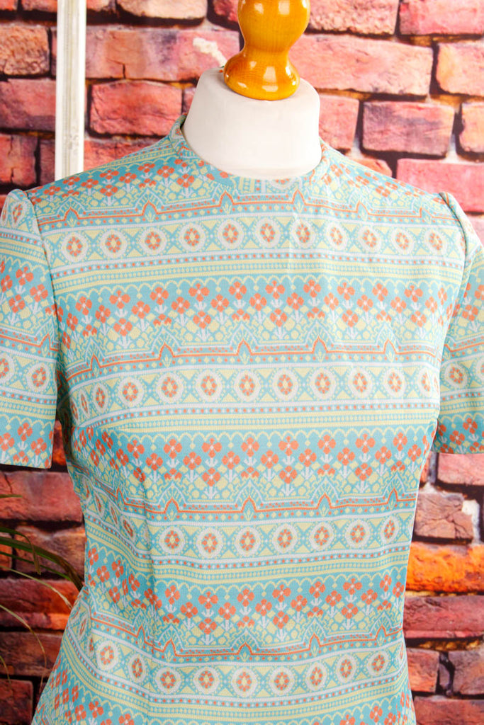 VEB Disco Kleid türkis Muster 60er 70er bunt DDR Disco Frau M 40-42 real-disco Rockabilly Schlager Special türkis vintageberlin.de