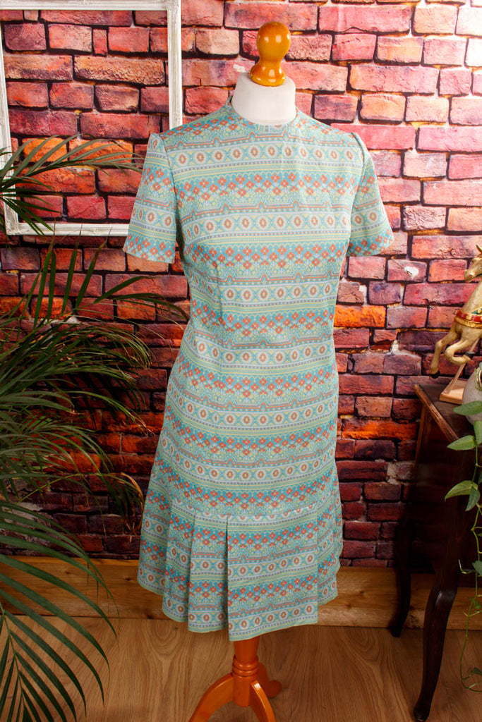 VEB Disco Kleid türkis Muster 60er 70er bunt DDR Disco Frau M 40-42 real-disco Rockabilly Schlager Special türkis vintageberlin.de