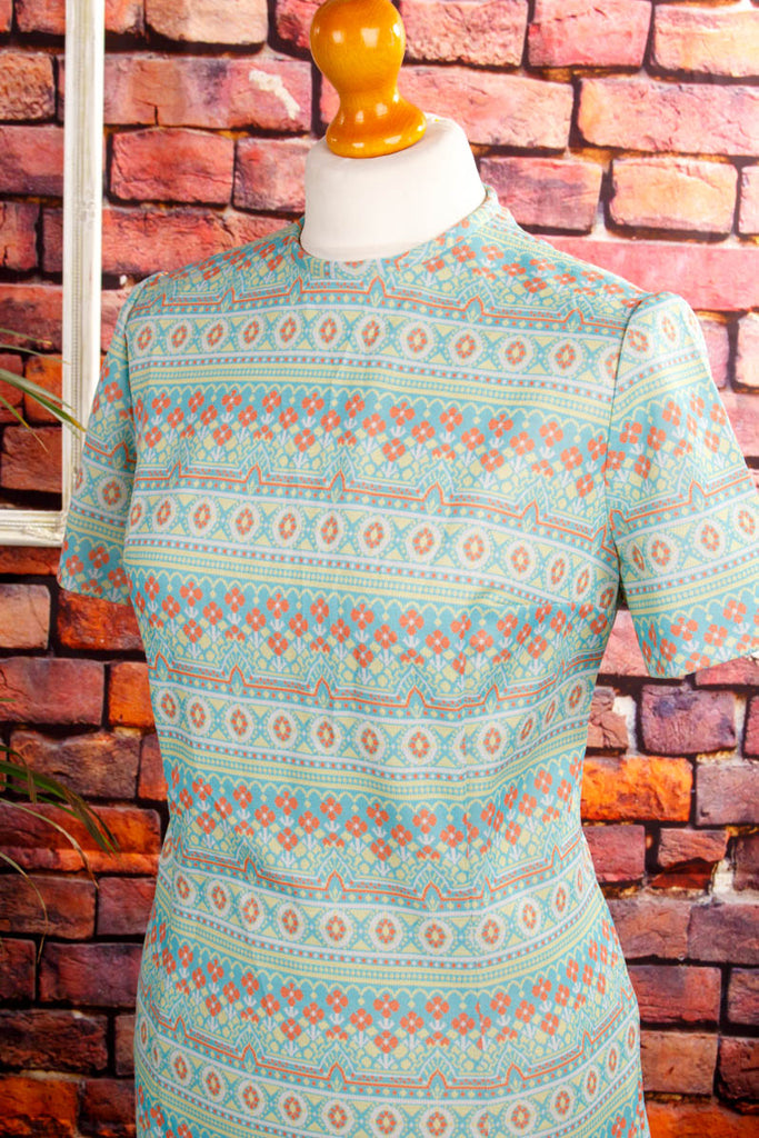 VEB Disco Kleid türkis Muster 60er 70er bunt DDR Disco Frau M 40-42 real-disco Rockabilly Schlager Special türkis vintageberlin.de