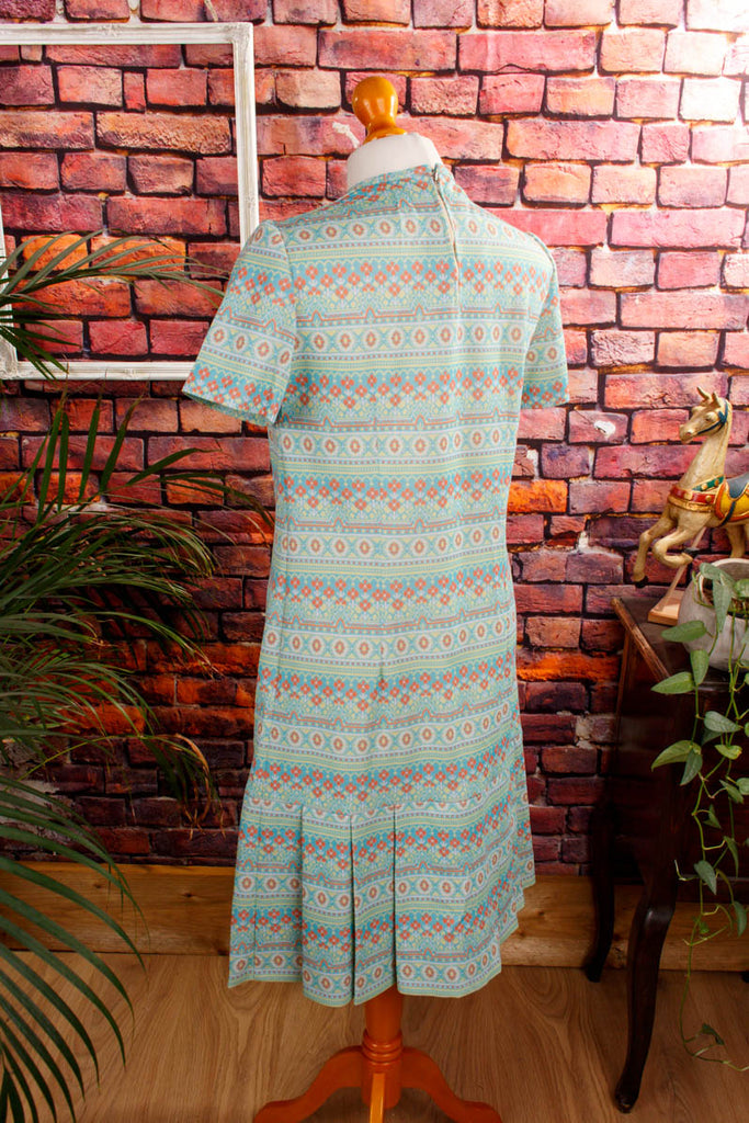 VEB Disco Kleid türkis Muster 60er 70er bunt DDR Disco Frau M 40-42 real-disco Rockabilly Schlager Special türkis vintageberlin.de