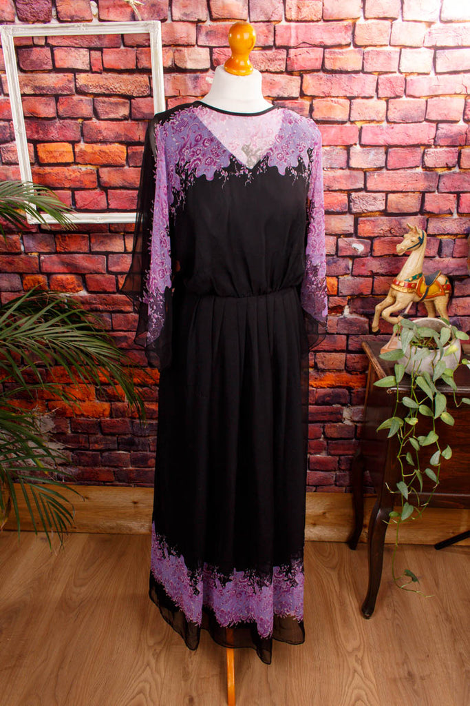 Chiffon Maxikleid schwarz lila 70er Abendmode Boho Frau Hippie lila M 40-42 real-boho Schlager schwarz Special vintageberlin.de