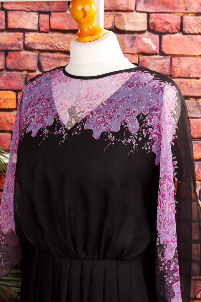 Chiffon Maxikleid schwarz lila 70er Abendmode Boho Frau Hippie lila M 40-42 real-boho Schlager schwarz Special vintageberlin.de