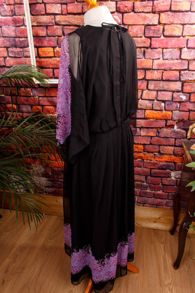 Chiffon Maxikleid schwarz lila 70er Abendmode Boho Frau Hippie lila M 40-42 real-boho Schlager schwarz Special vintageberlin.de