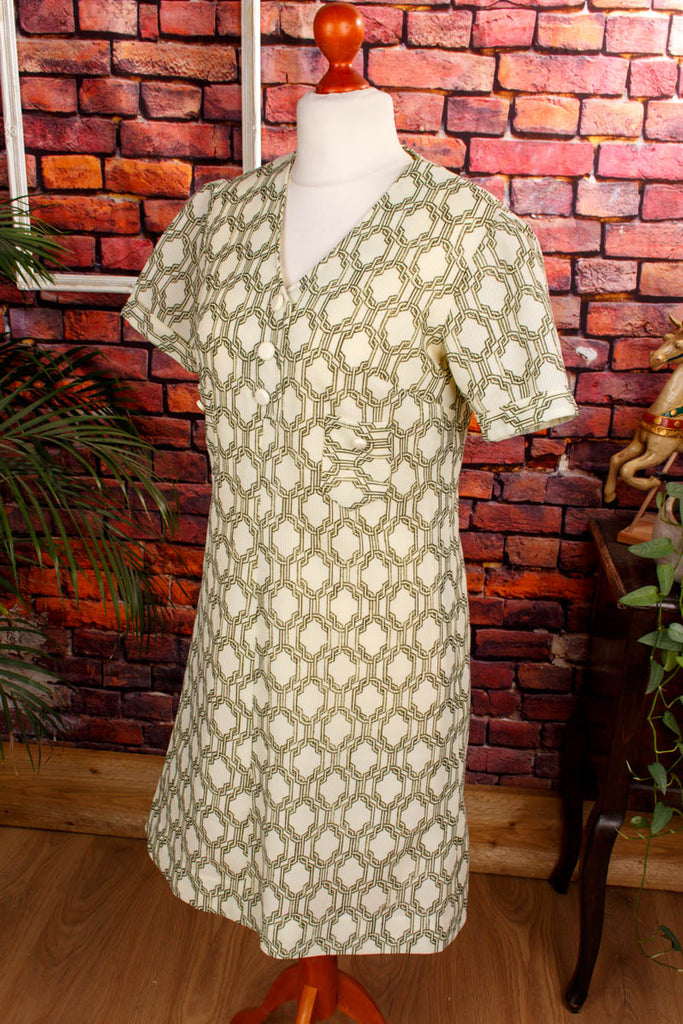 60s Minikleid grün Muster 60er 70er beige Disco Frau grün M 40-42 Rockabilly Schlager Special vintageberlin.de