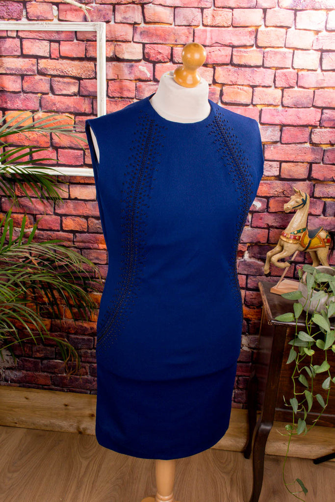 60s Etuikleid blau Perlen 60er 70er blau Disco Frau L 44-46 M 40-42 real-disco real-rockabilly Rockabilly Schlager Sekretärin Special vintageberlin.de