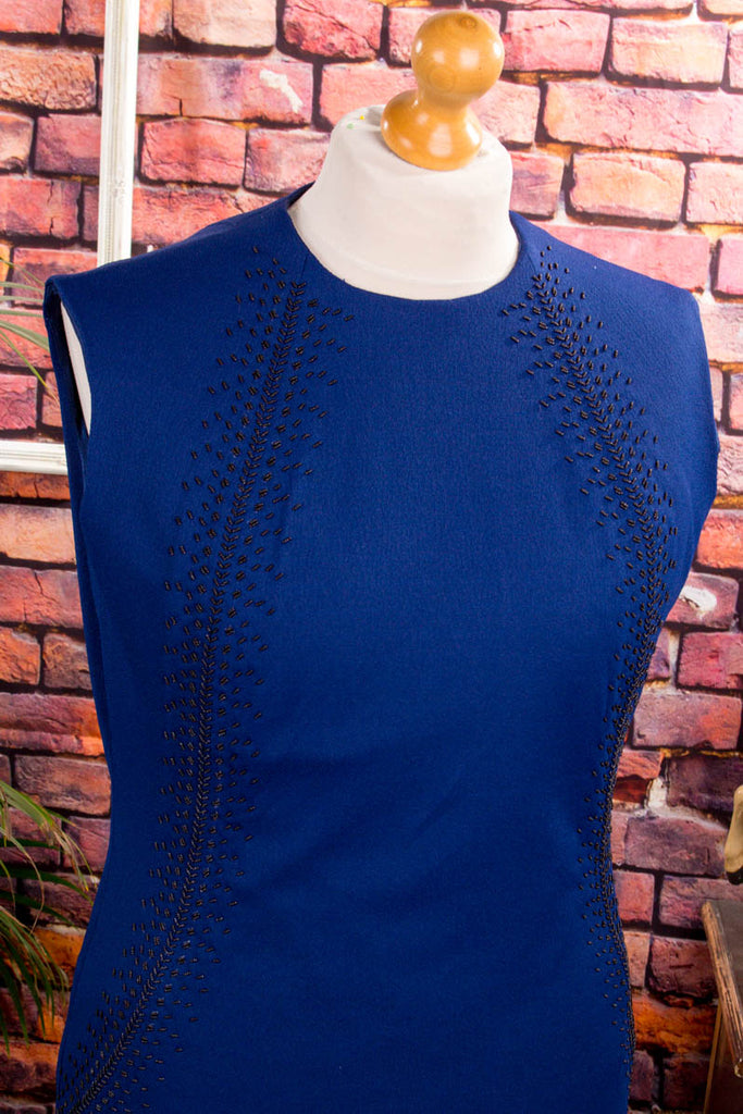 60s Etuikleid blau Perlen 60er 70er blau Disco Frau L 44-46 M 40-42 real-disco real-rockabilly Rockabilly Schlager Sekretärin Special vintageberlin.de