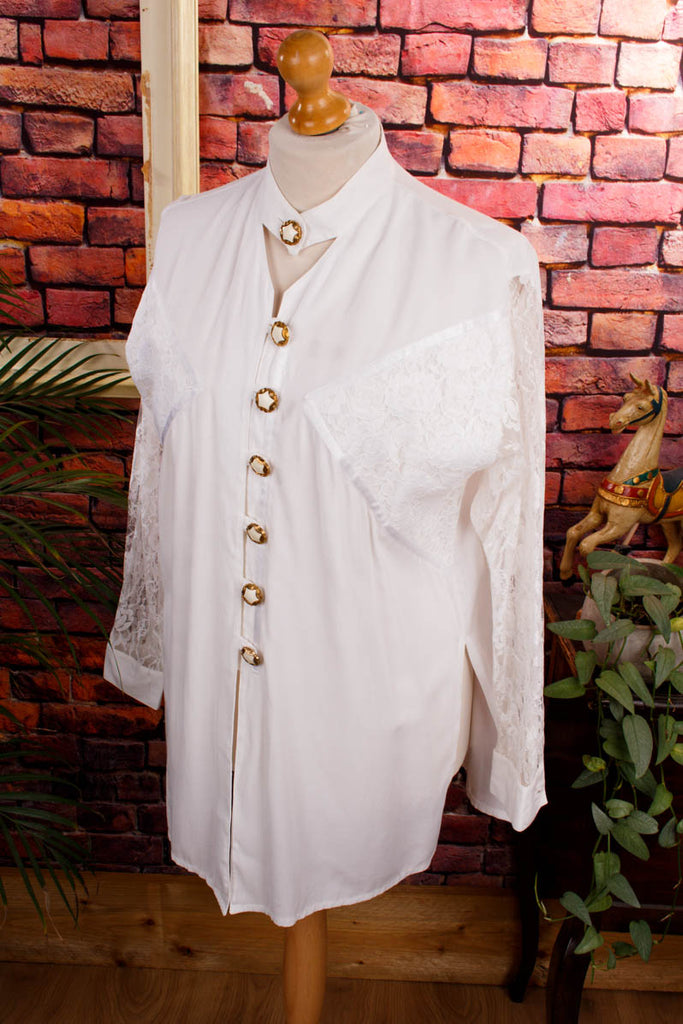 ausgefallene 80er Bluse weiß + Gold Default Title 80er Boho Disco Frau Gothic L 44-46 M 40-42 real-80er Schlager Sekretärin Special weiß vintageberlin.de