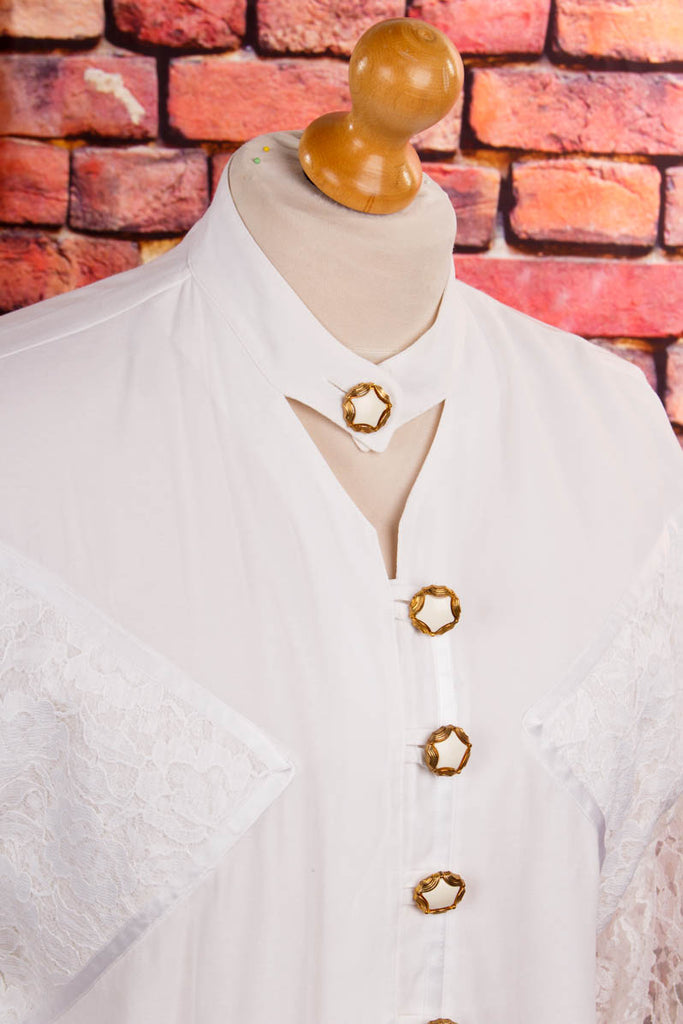 ausgefallene 80er Bluse weiß + Gold 80er Boho Disco Frau Gothic L 44-46 M 40-42 real-80er Schlager Sekretärin Special weiß vintageberlin.de