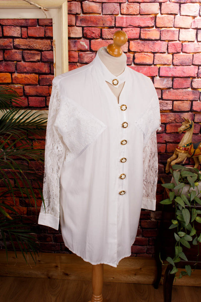 ausgefallene 80er Bluse weiß + Gold 80er Boho Disco Frau Gothic L 44-46 M 40-42 real-80er Schlager Sekretärin Special weiß vintageberlin.de