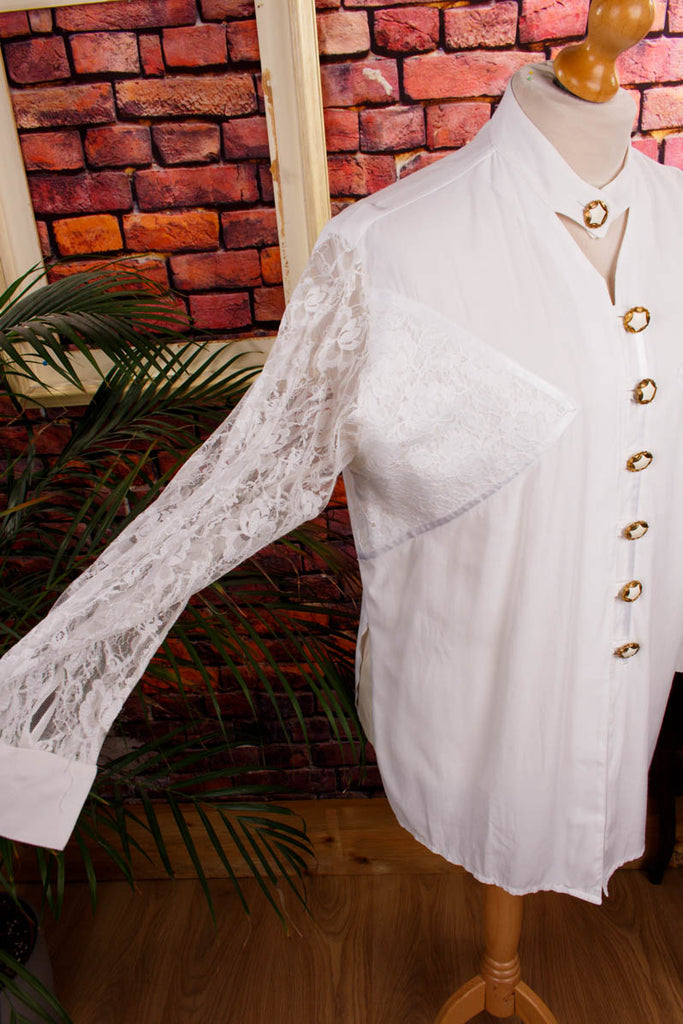 ausgefallene 80er Bluse weiß + Gold 80er Boho Disco Frau Gothic L 44-46 M 40-42 real-80er Schlager Sekretärin Special weiß vintageberlin.de