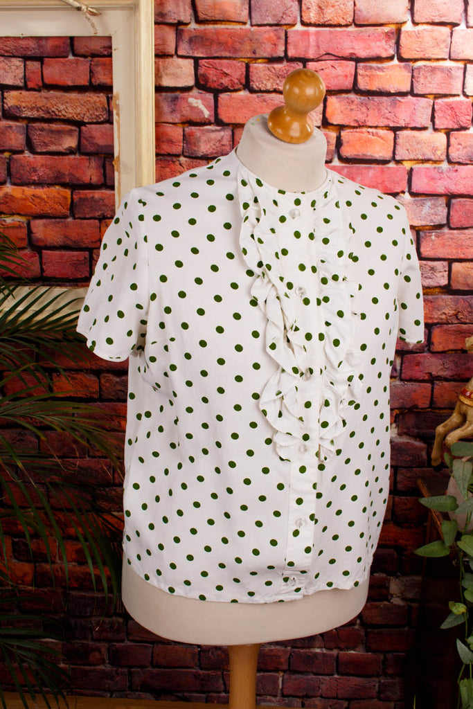 60s Bluse weiß grün Punkte 60er Disco Frau grün L 44-46 real-disco real-rockabilly Rockabilly Special weiß vintageberlin.de