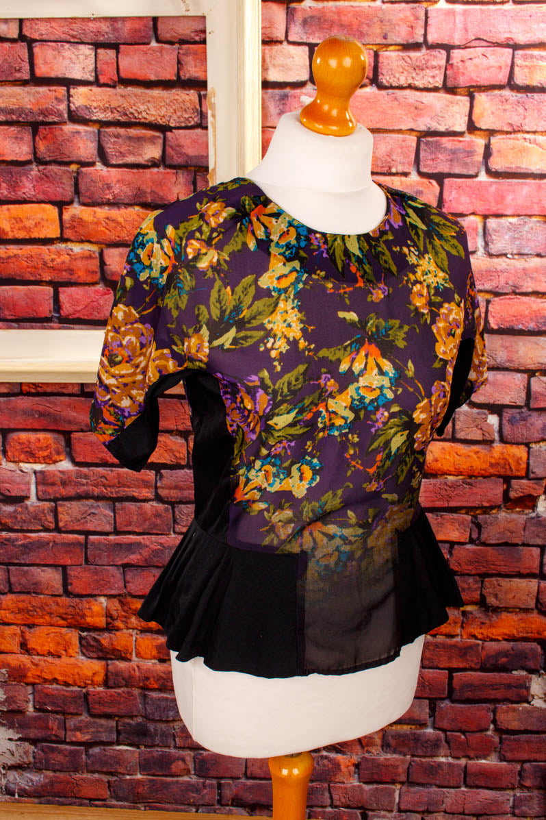 Vintage Bluse lila schwarz Blumen
