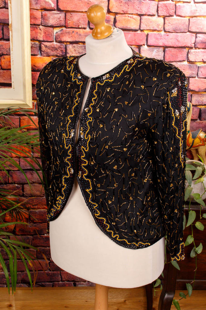 prächtige Pailletten Jacke schwarz Default Title 80er 90er Abendmode Boho Disco Frau gold M 40-42 real-80er schwarz Special vintageberlin.de