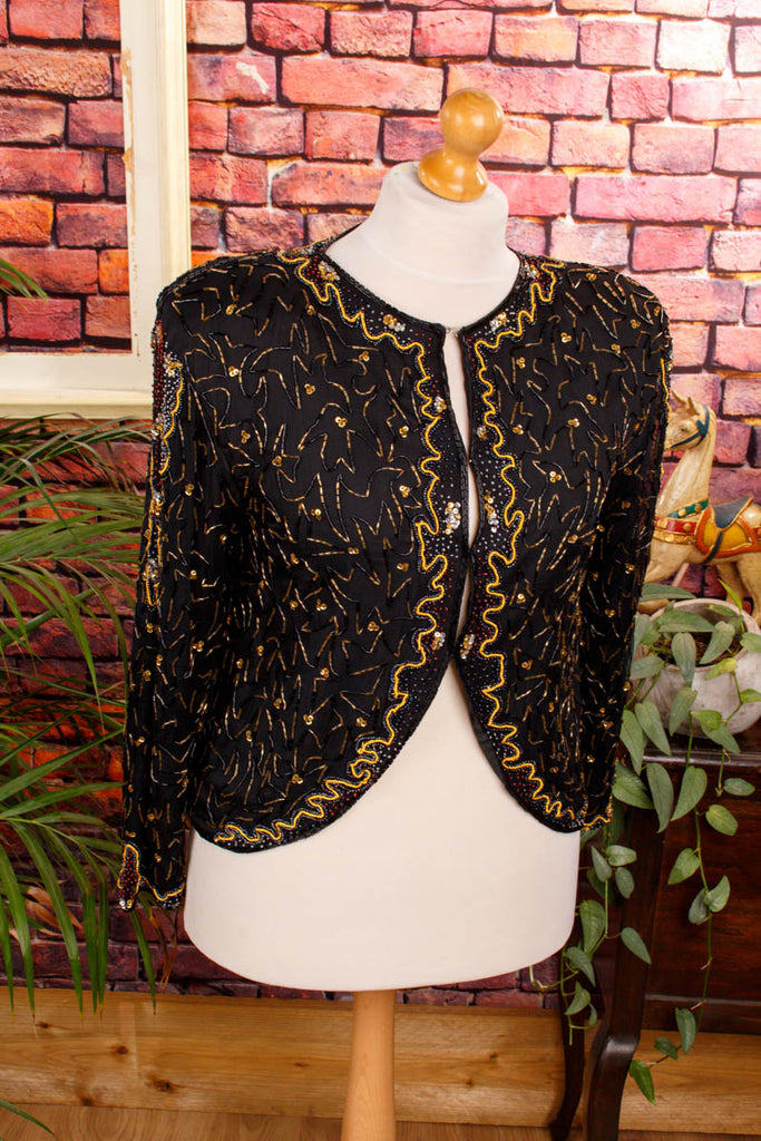 prächtige Pailletten Jacke schwarz 80er 90er Abendmode Boho Disco Frau gold M 40-42 real-80er schwarz Special vintageberlin.de