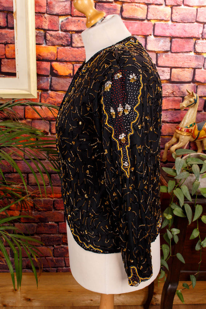 prächtige Pailletten Jacke schwarz 80er 90er Abendmode Boho Disco Frau gold M 40-42 real-80er schwarz Special vintageberlin.de