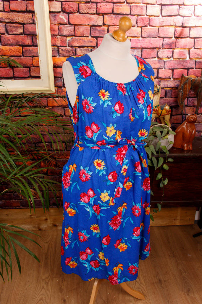 Vintage Sommerkleid blau Blumen 90er blau Boho bunt Frau Rockabilly Special XL 48-50 vintageberlin.de