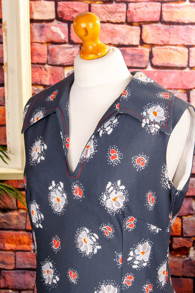 70er Schlagerkleid grau Blumen 60er 70er Boho Disco Frau grau M 40-42 real-boho real-rockabilly Schlager Special vintageberlin.de
