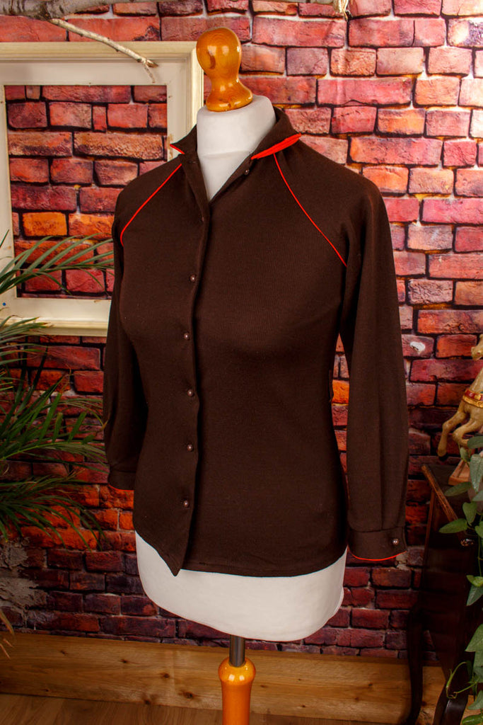 70s Bluse braun Stretch Kindergröße Default Title 60er 70er braun Disco Frau Rockabilly XS 32-34 vintageberlin.de