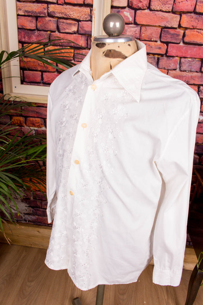 70s Hemd weiß bestickt 60er 70er Dandy Disco L 52-54 M 48-50 Mann real-disco real-rockabilly Rockabilly Schlager Special weiß vintageberlin.de