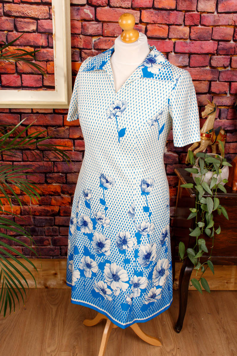 70s Schlagerkleid blau Blumen