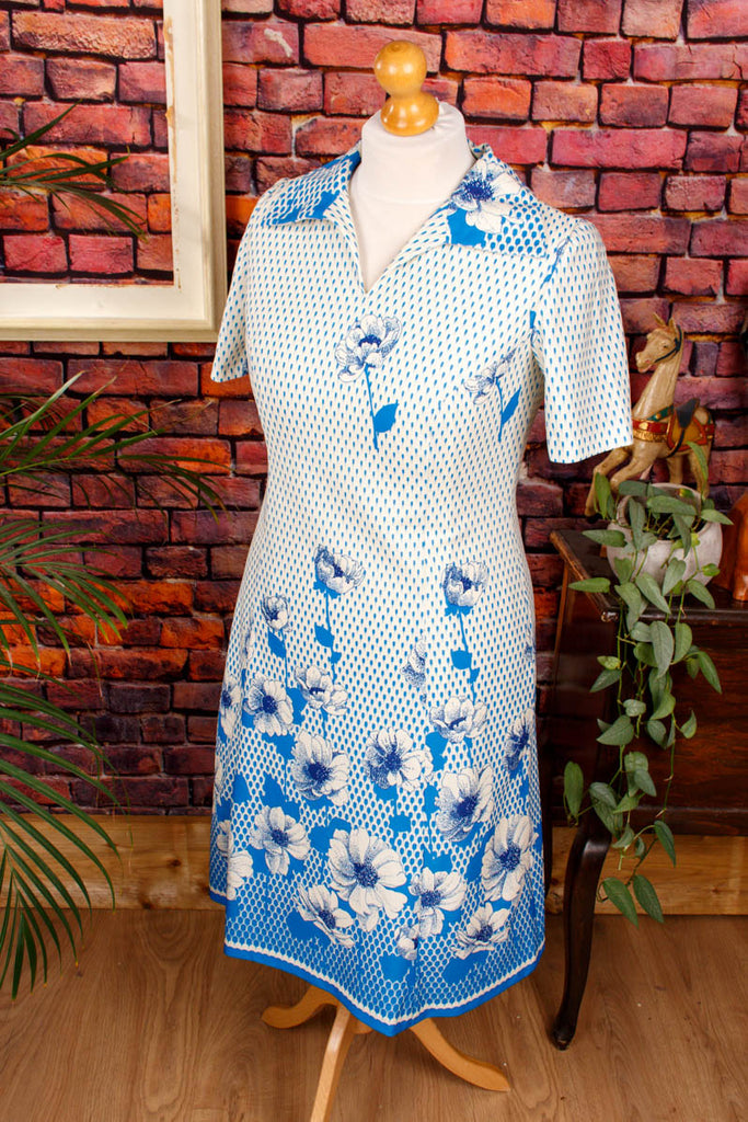 70s Schlagerkleid blau Blumen Default Title 60er 70er blau Disco Frau L 44-46 real-disco real-rockabilly Rockabilly Schlager Special weiß vintageberlin.de