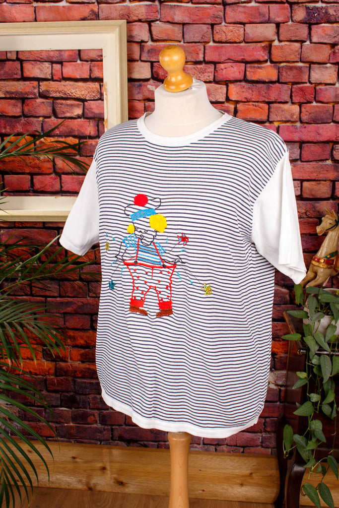 Benetton Ringelshirt Clown 90er blau Designer Frau L 44-46 Special weiß vintageberlin.de