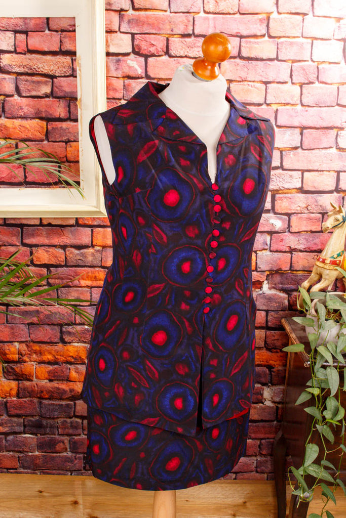 60s Avantgarde Minirock + Tunika Seide 50er 60er 70er Abendmode blau Boho bunt Disco Frau lila M 40-42 pink real-boho real-disco Rockabilly Schlager Special vintageberlin.de